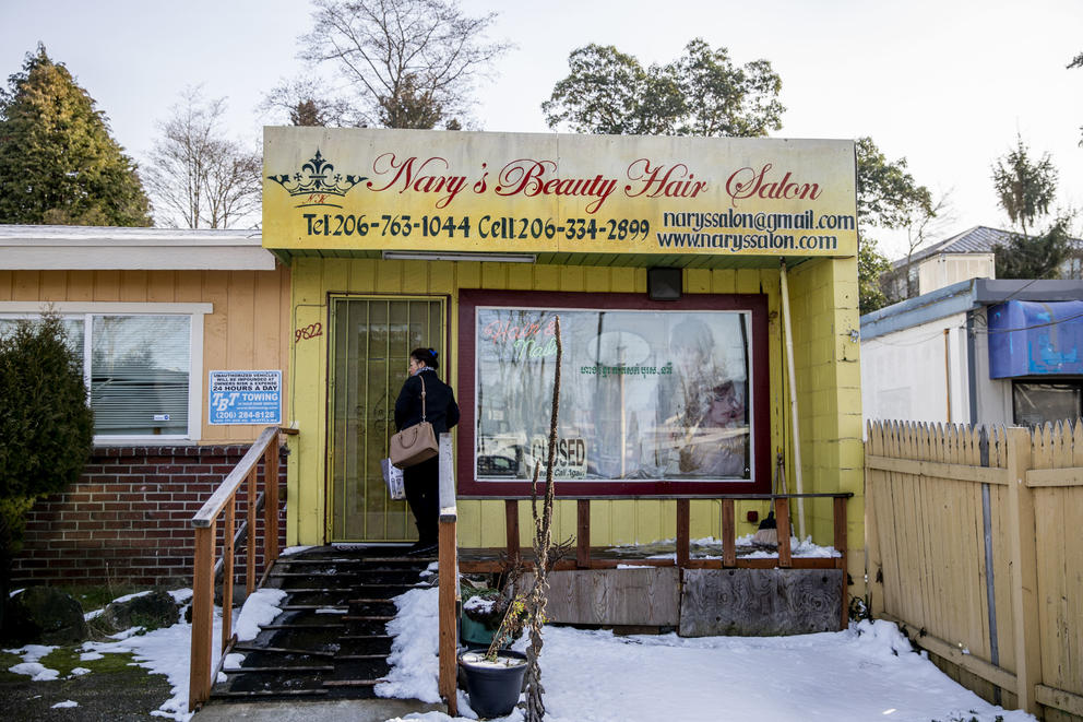 Nary unlocks the salon door