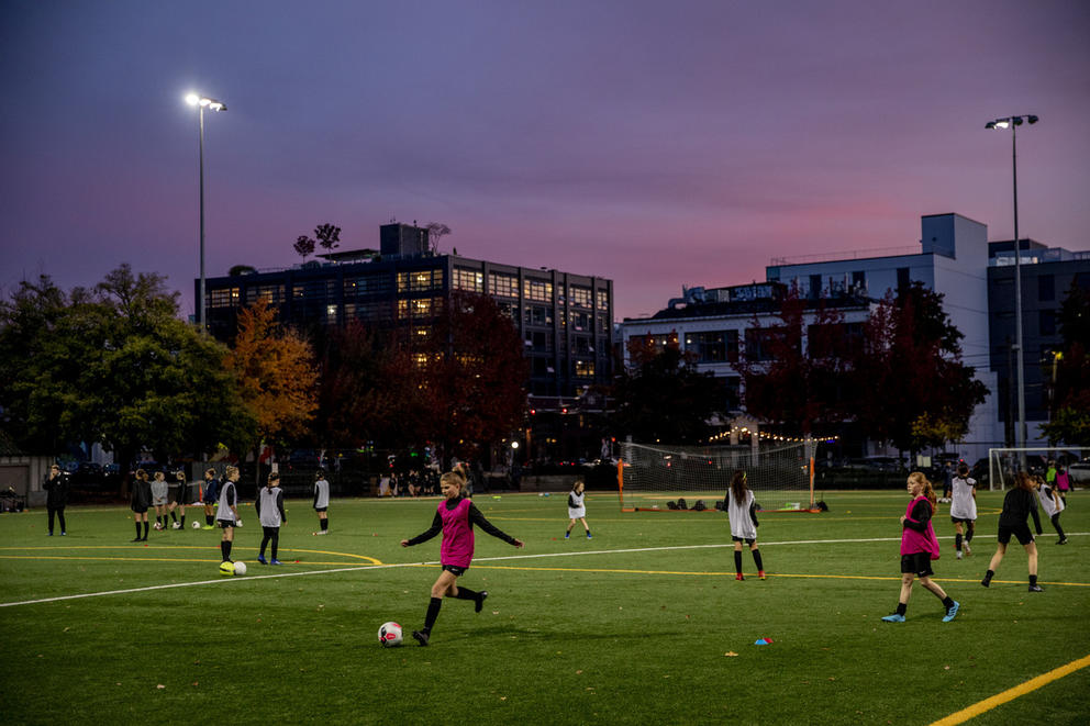 Girls playing soccer