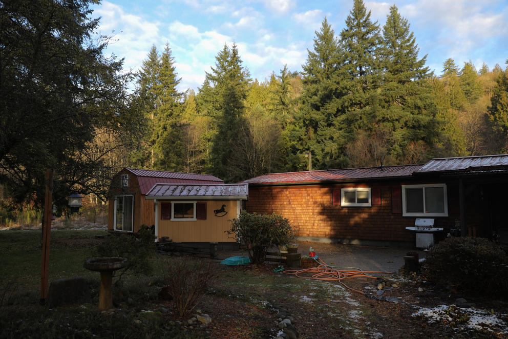 A house is lit up by a sliver of sun. The house has trees behind it and is cedar paneled