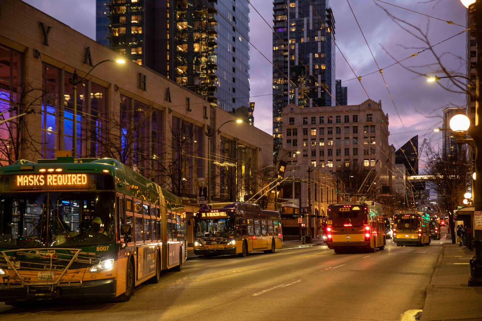 Buses coming down 3rd Avenue in downtown Seattle