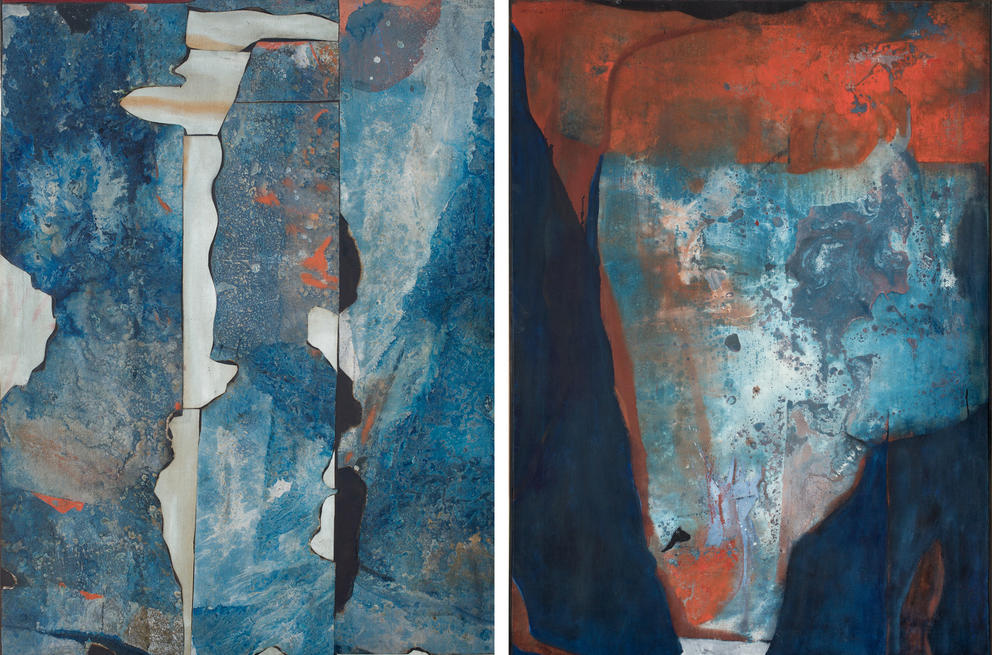 two side by side abstract paintings in milky blue