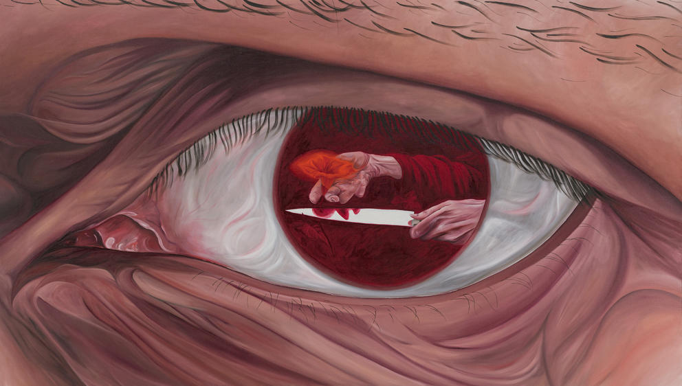 a close-up oil painting of a human eye with a red iris and inside it, a hand holding a knife