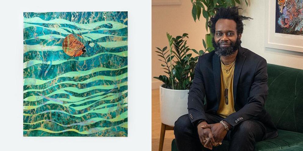 side by side image of an abstract green river and a male painter sitting and smiling