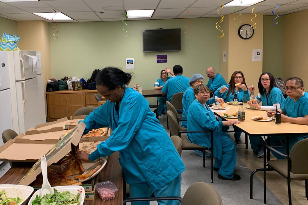 Medical workers in a cafeteria