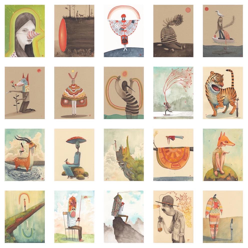 Grid of gouache paintings of figures in pastel colors