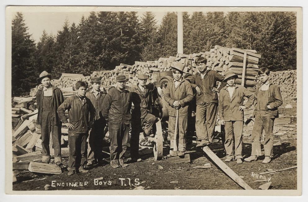 Wood chopping crew, Tulalip Indian School, 1912. (Courtesy of MOHAI)