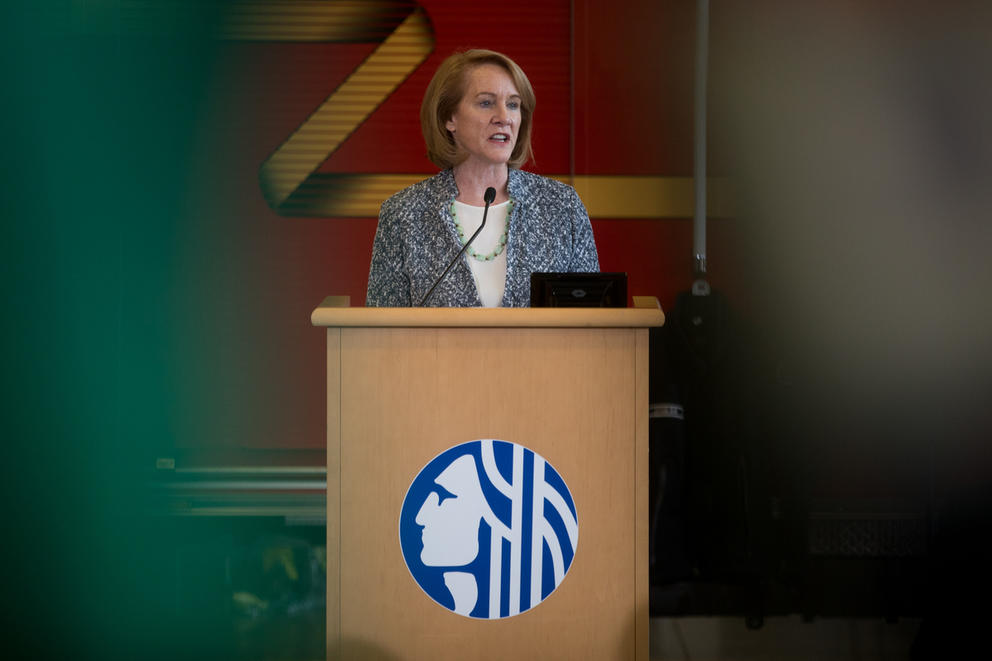 Mayor Durkan at podium decorated with Seattle city seal