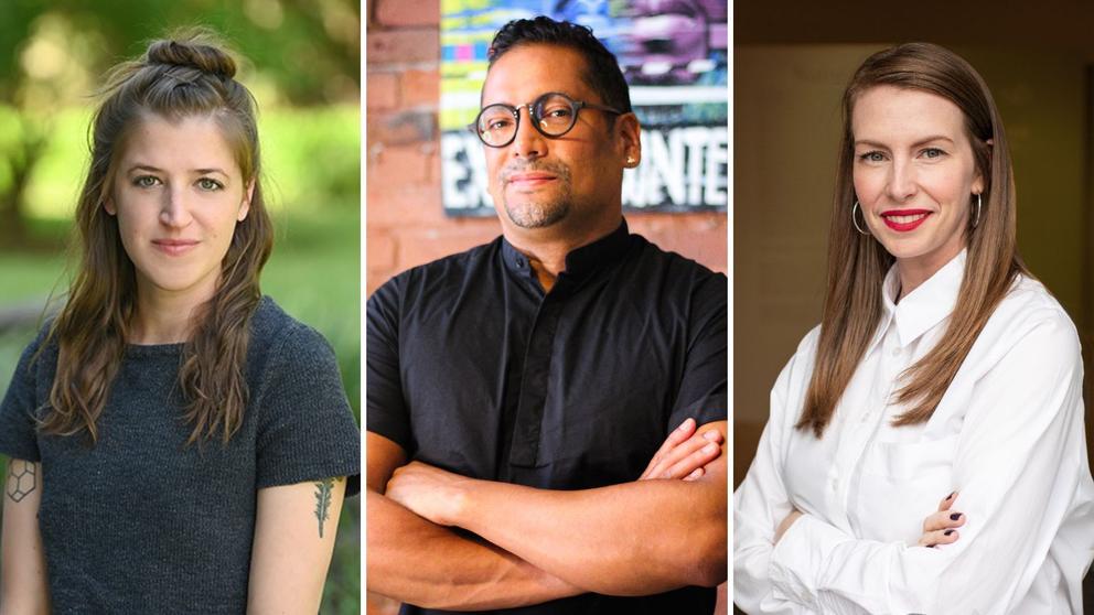 a triptych of headshots of people side by side