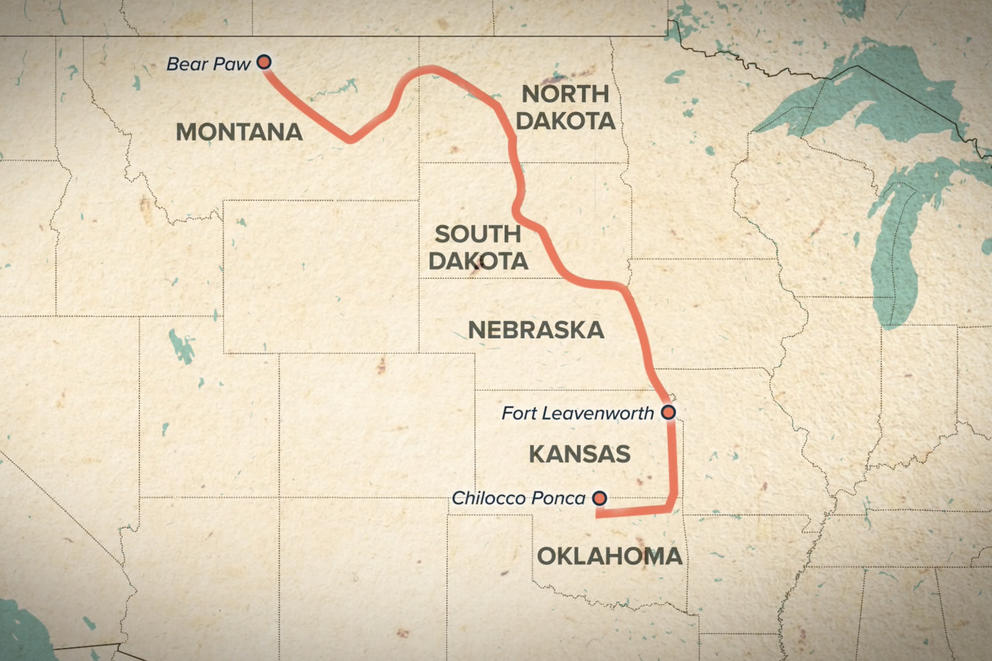 Map showing path of Nez Perce movement from Montana to Oklahoma. 