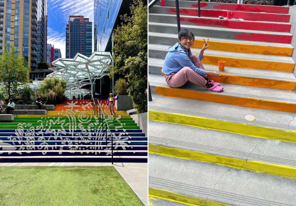 two side by side images of outdoor steps painted in rainbow colors, in one, the painter sits on the steps