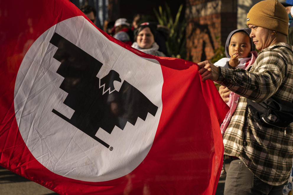 Demonstrator holding United Farm Workers flag