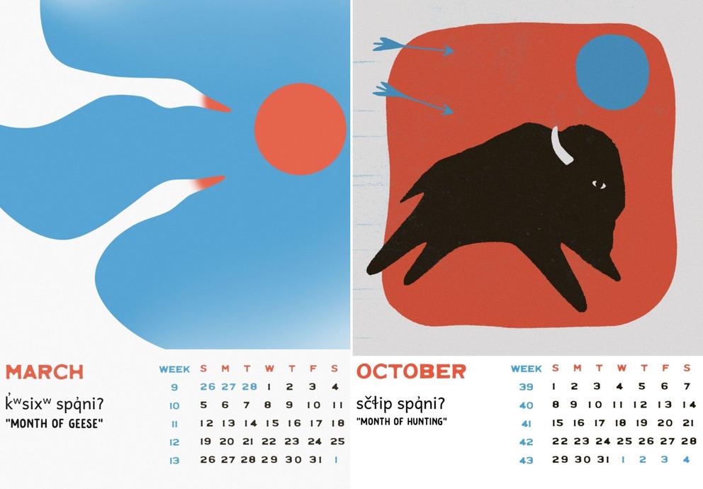 two illustrated calendar pages side by side, march with 2 swans and october with a buffalo