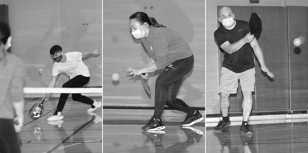 three vertical photos of pickleball player