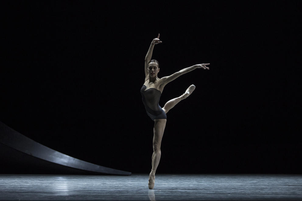 a ballerina wearing a dark unitard stands on pointe on a darkly lit stage