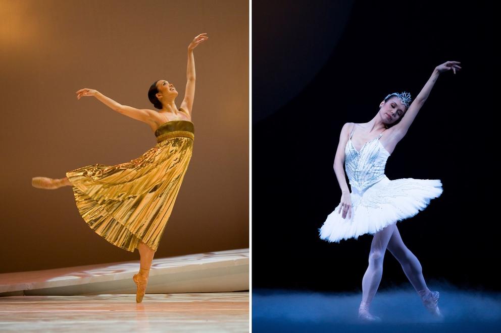 side by side photos of the same dark haired ballerina in different costumes, one a gold dress, the other a white tutu