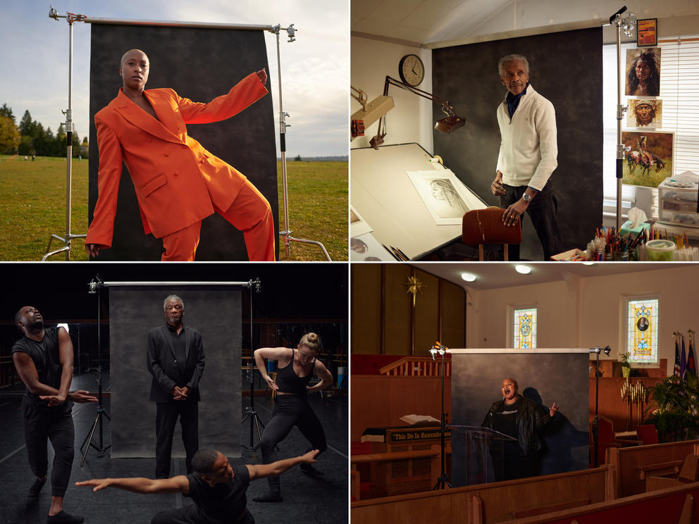 Four images of artists in front of a black backdrop