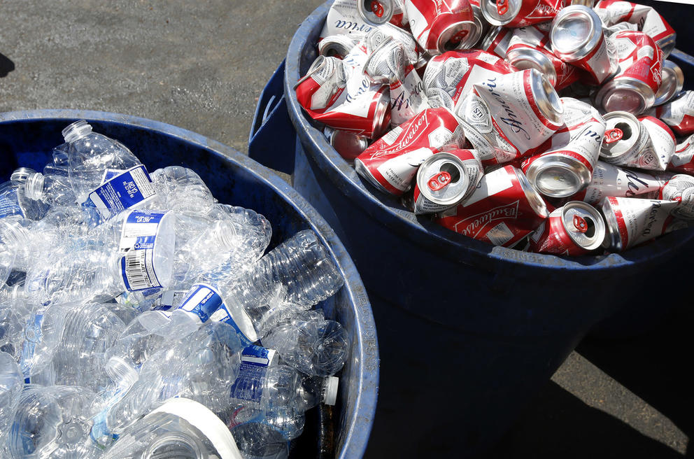 Cans and plastic bottles brought in for recycling.