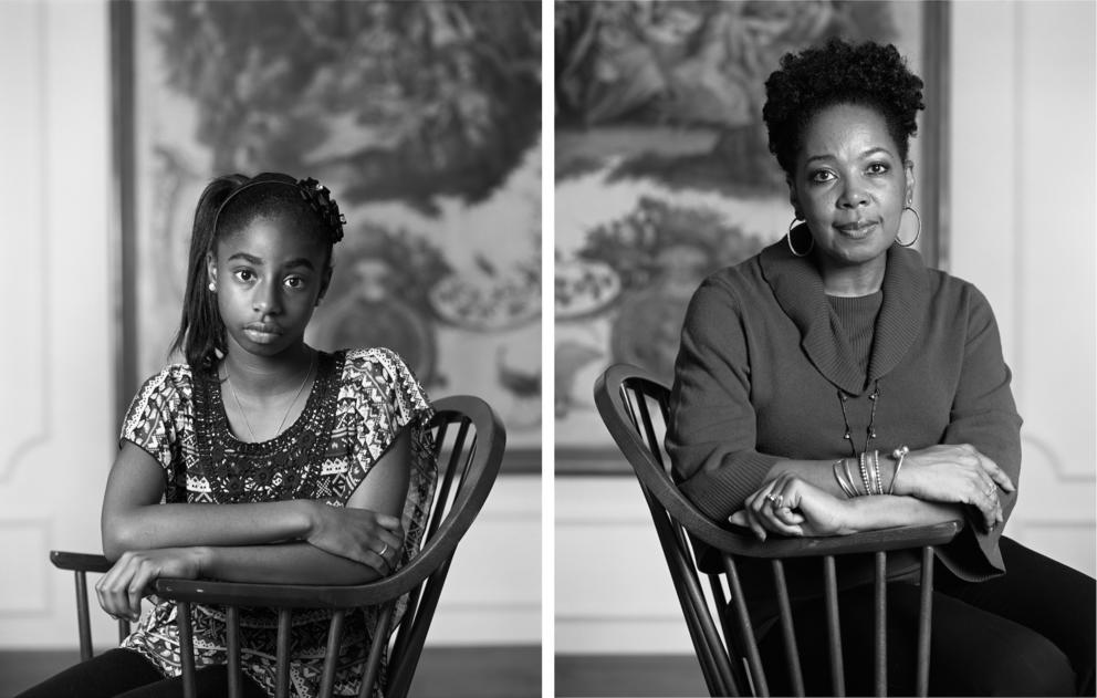 a side/side photograph with a young Black girl on the left, an older Black woman on the right, both looking straight at the camera