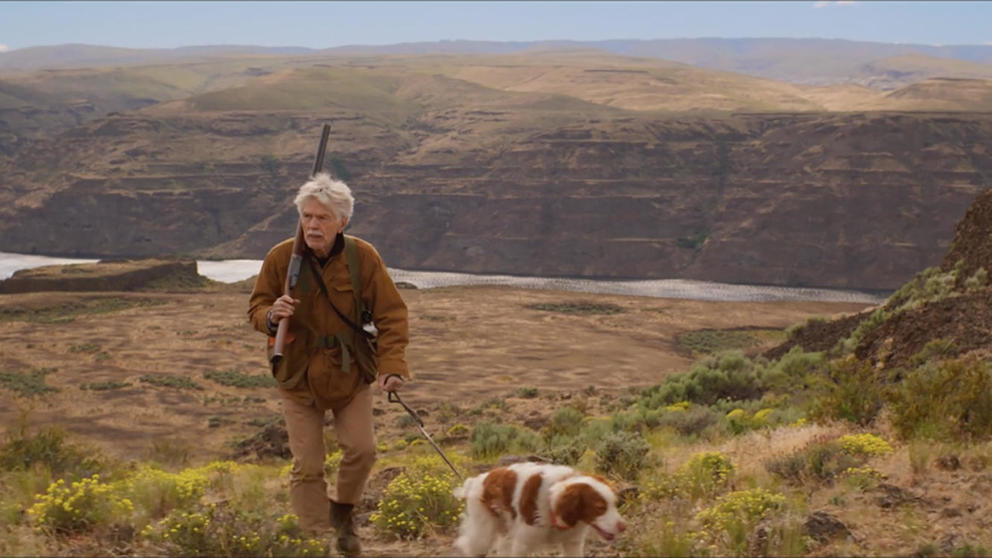 Man in brown jacket with dog walks in the mountains, landscape wide and brown behind him