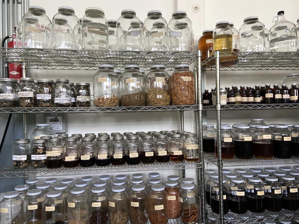 Jamie Hunt and Holly Robinson use all sorts of local ingredients and herbs in their amaro liqueurs. In the back of the distillery, tinctures and botanicals line the walls. A dehydrator dries out truffles for future batches while another jar of the black bulbs sits nearby.