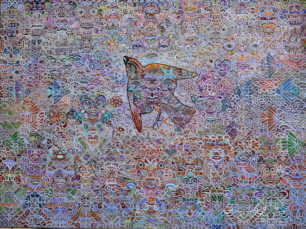 a painting of a bird surrounded by many tiny hidden faces