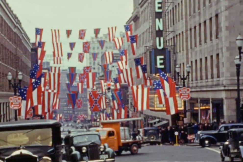 Confederate flags hanging over downtown Seattle.