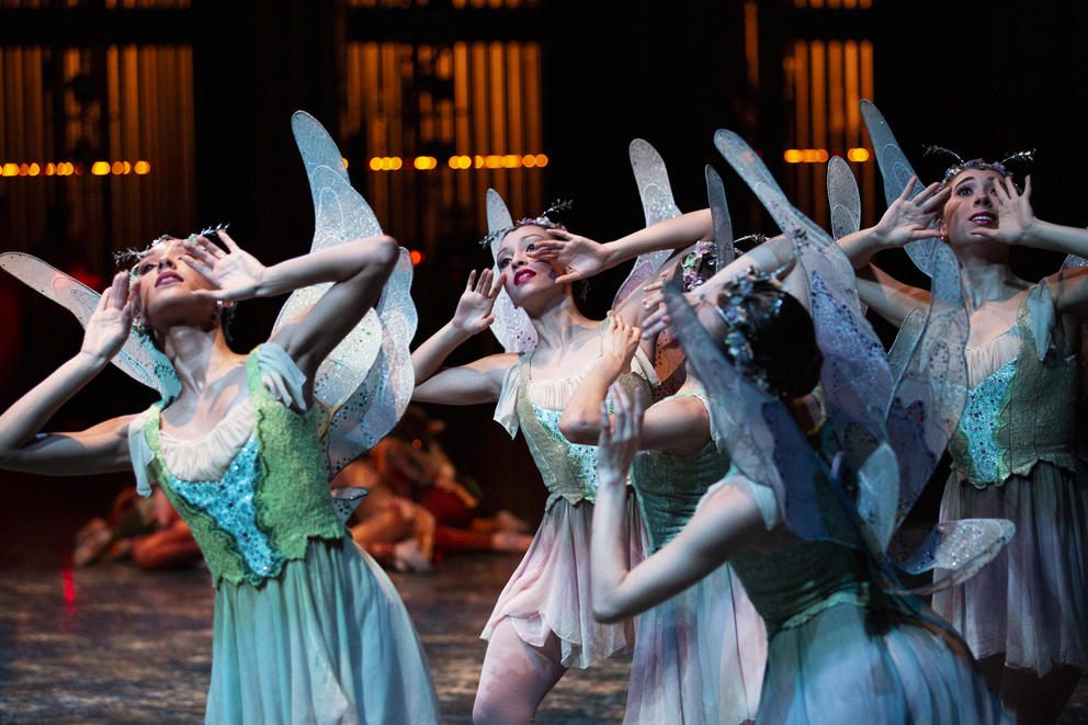 ballet dancers on stage in colorful costumes with large fairy wings