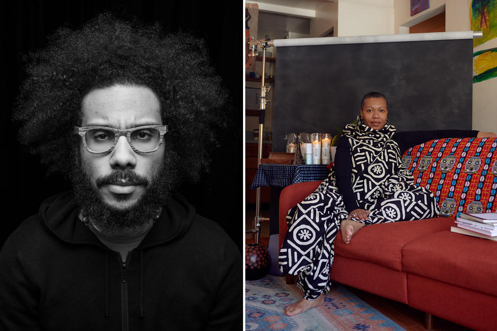 side by side photos, on left black and white shot of man with glasses, on right woman sitting on a couch