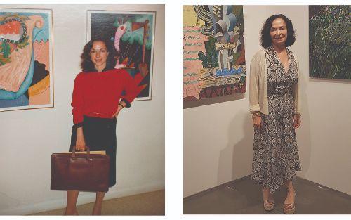 side by side photos of the same woman standing in galleries in different time periods