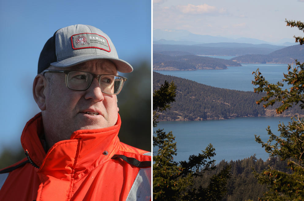 Left: a close up portrait of Todd Woodard. Right: A view from above of Burrow, Burrows Island and the San Juanss Bay