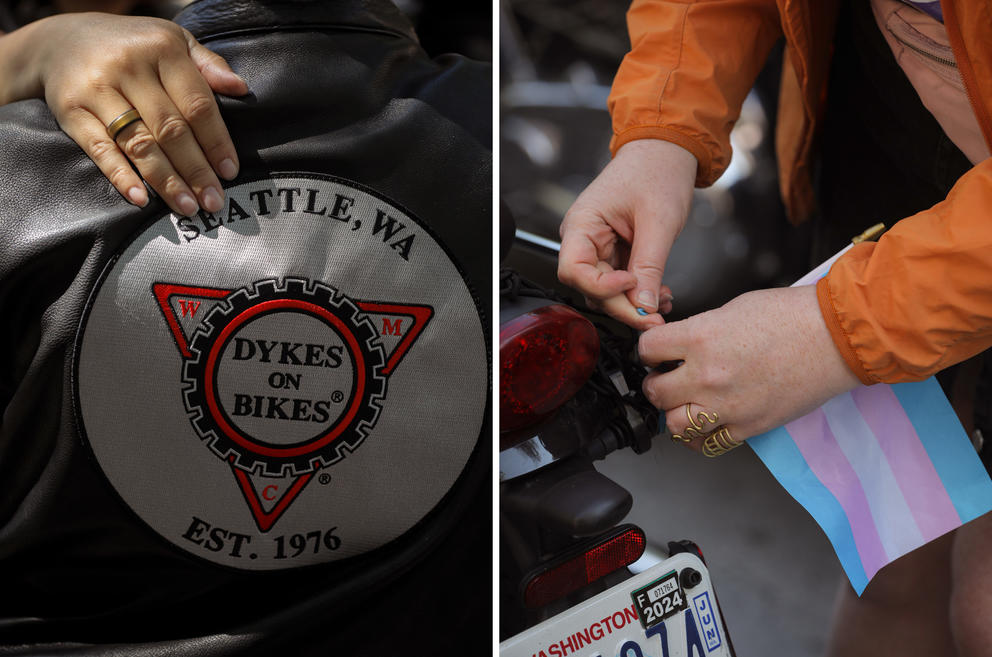 At left, a close up of a hand on the back of a person wearing a vest with the Dykes on Bikes patch affixed. At right, a close up of hands attaching a Trans Pride flag to their bike.