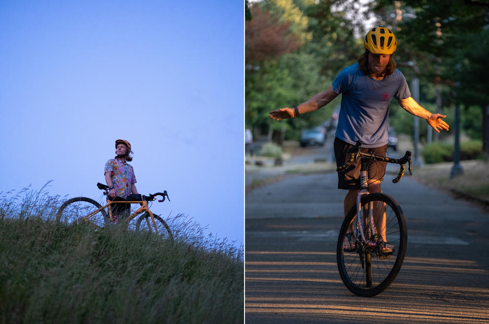 Left: Roberts stands with his bike on a grassy hill. Right: Roberts balances standing on his bike pedals with arms outstretched