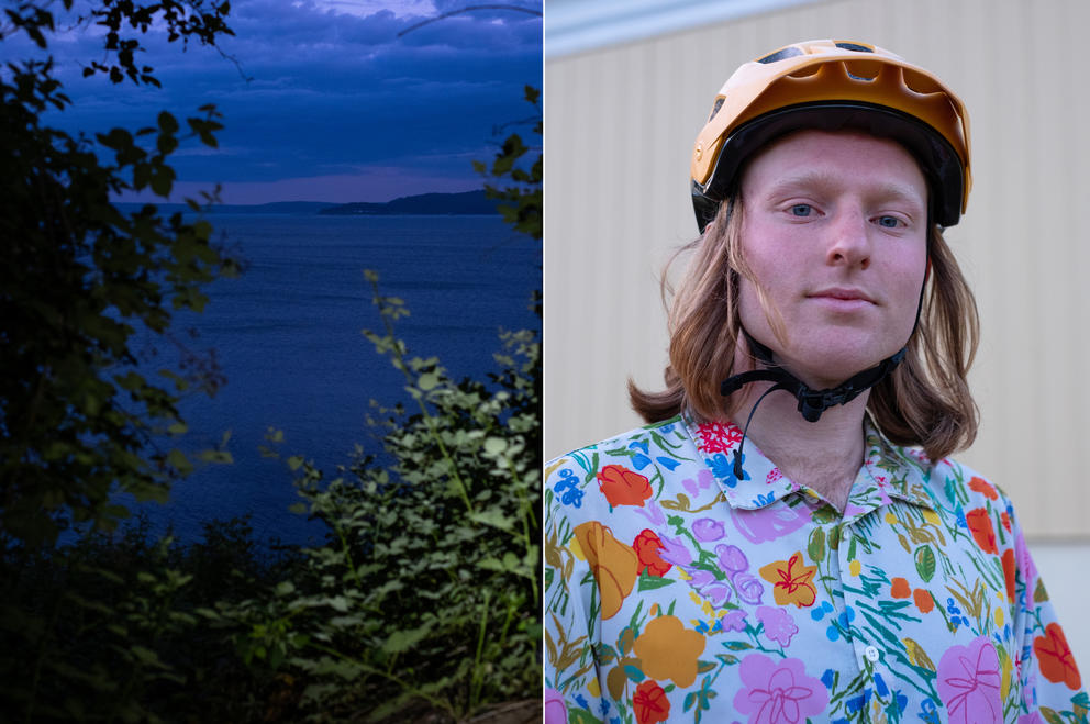 Left: a view of bushes and Elliott Bay in evening blue hour light. Right: a headshot of Roberts wearing a colorful floral shirt and yellow bike helmet