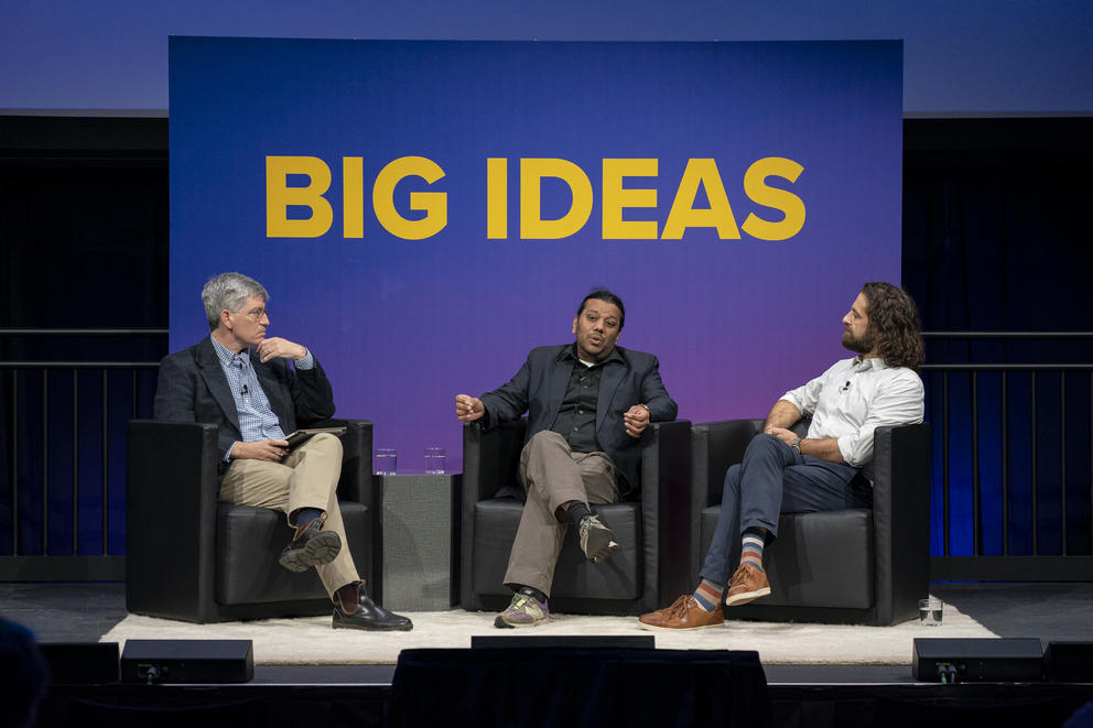 Carl Zimmer, Dr. Sunil Aggarwal, and Dr. Nathan Sackett at the Crosscut Festival