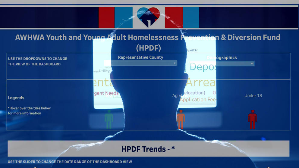 A photo illustration of a person's head blocking a computer screen depicting an online dashboard