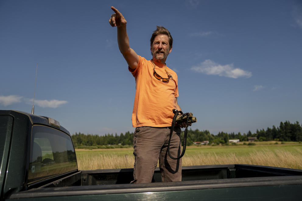 A person in an orange shirt standing in a truck bed parked near a field points to the distance.