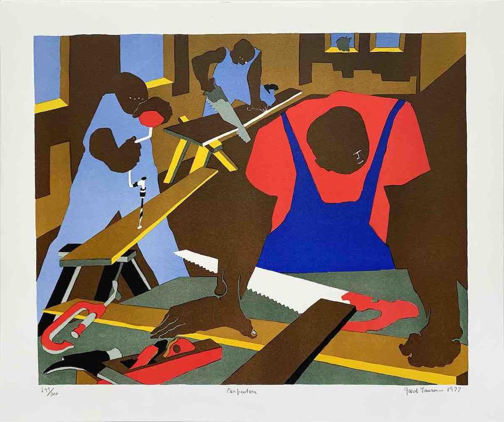 a modernist painting featuring bold red, blue and brown figures working in a carpentry shop