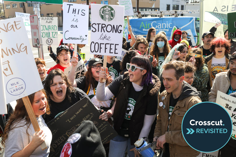 Starbucks Workers United union members and supporters gather at the Starbucks headquarters to protest