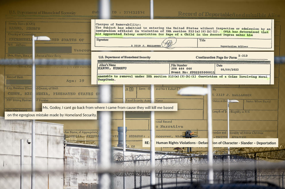 Excerpts from Kungfu Karuo's letter and charging documents are weaved into a photo of the Northwest ICE Processing Center in Tacoma, WA.
