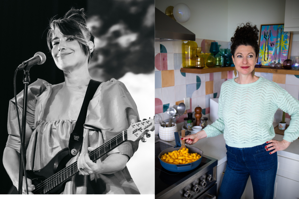 Kathleen Hanna plays guitar and Rachel Belle stands in a kitchen