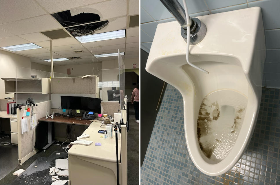 Side-by-side photos of water-damaged office ceiling and a dark-streaked urinal