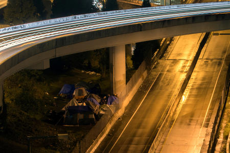 A homeless encampment under a Seattle overpass on Jan. 19, 2018 (Photo by Matt M. McKnight/Crosscut)