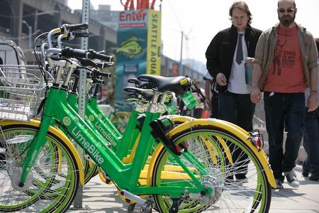 Bikeshare bicycles along Alaskan Way waterfront in downtown Seattle, Washington on Tuesday, August 8, 2017.