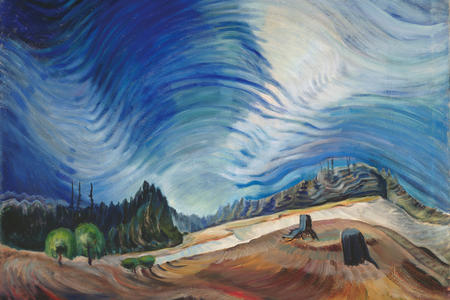 A painting of a forest in the distance, blue skies above and tree stumps in the foreground.