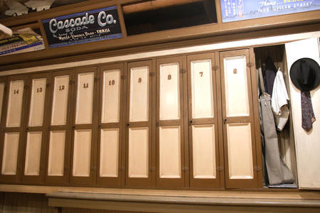 A row of wooden lockers at the basement of the Panama Hotel that was once a bathhouse. 