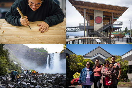 A collage of Indigenous arts, water and housing. 