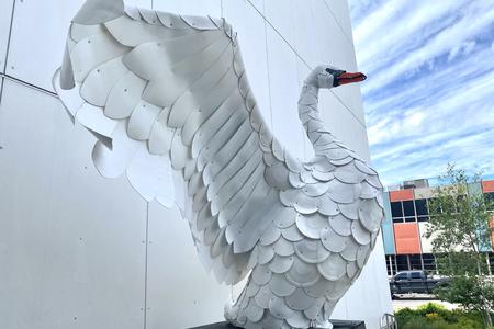 a giant white swan made out of plastic buckets