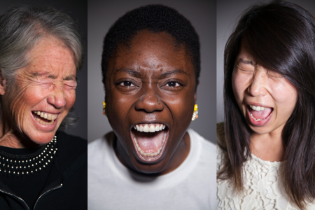 three side by side close-up photos of different women screaming