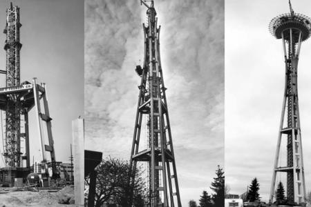 Triptych of Space Needle being built