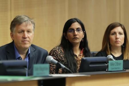 City councilmembers Mike O'Brien, Kshama Sawant and Teresa Mosqueda listen to comments on a proposed tax during a committee meeting at City Hall on May 9.